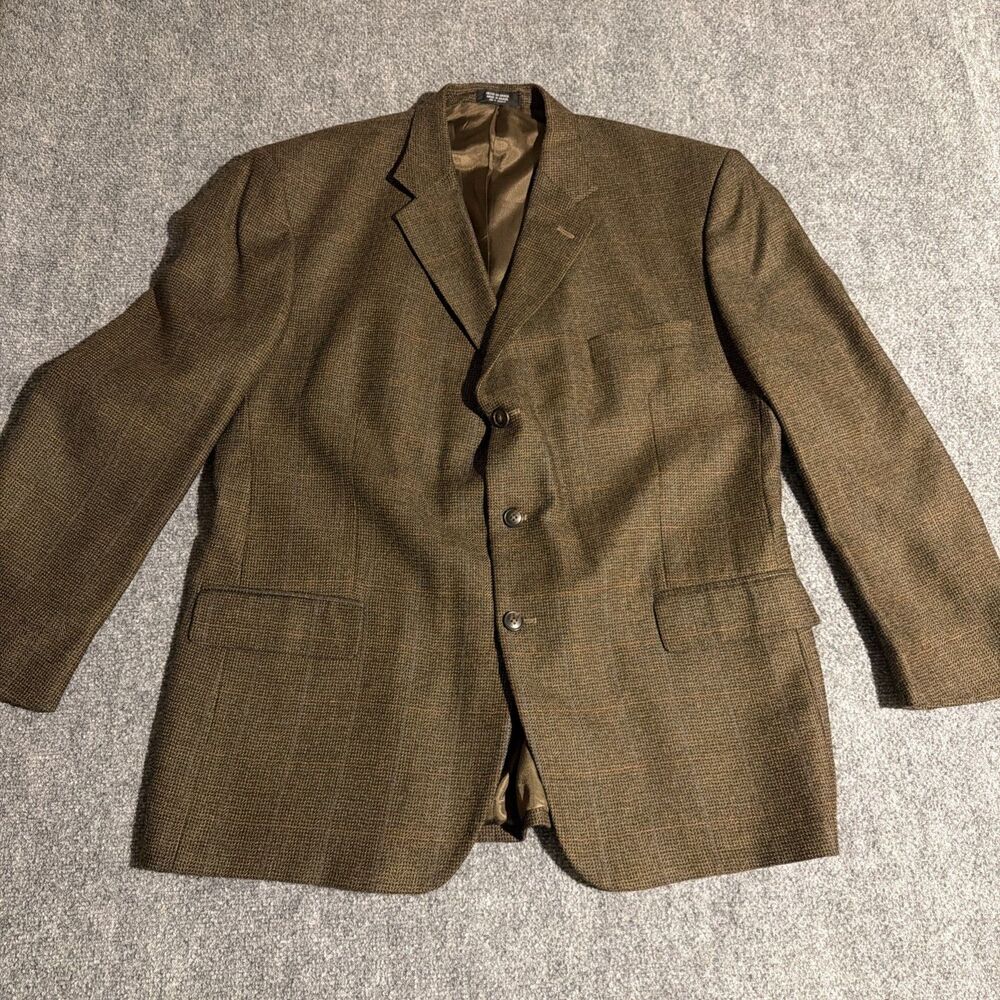 Stafford Blazer Jacket Mens 46R Brown Houndstooth 100% Lambs Wool Three Button